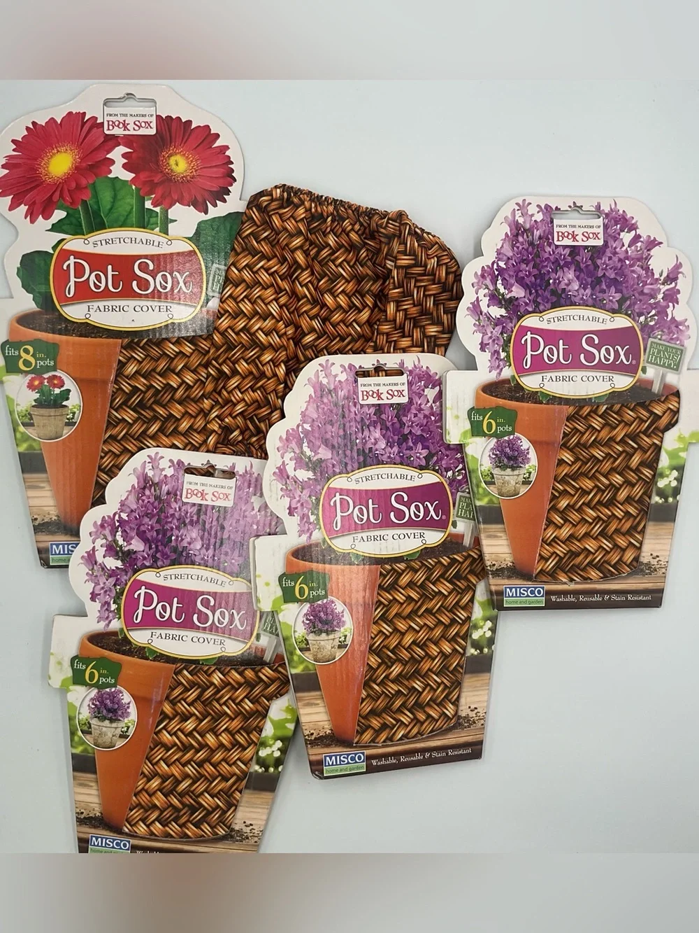 Lot x5 Pot Sox Cover  6”-8” Flower Pot Stretchable Washable Fabric Brown Wicker